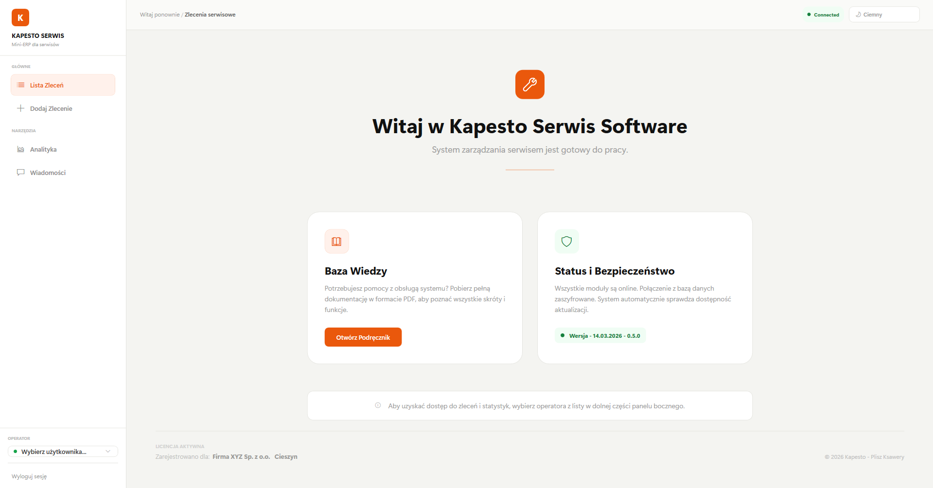 Panel główny Kapesto Light Mode